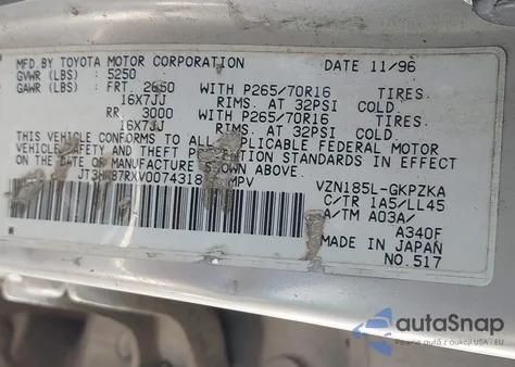 1997 Toyota 4Runner Sr5 V6 Limited из США, поврежденный, VIN JT3HN87RXV0074318